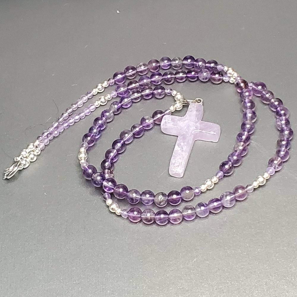 Handcrafted Genuine Amethyst & Sterling Silver Cross Necklace